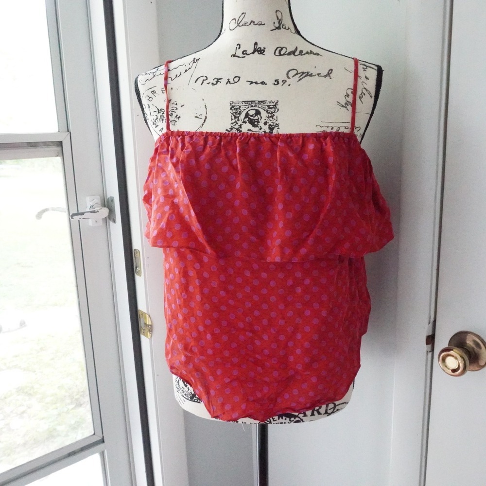 Haute Hippie Women's Silk Ruffle Tank Top Red Pink Polka Dot Size S Boho Blouse